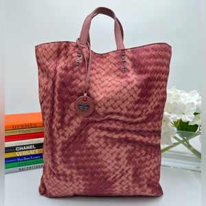EUC Bottega Veneta Pink Nylon Intrecciato Pattern Leather Handle Reversible Tote